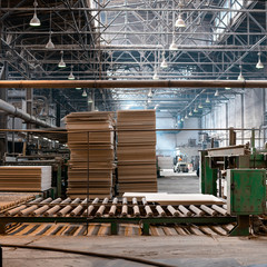 Workshop for the production of particle boards. Manufacture of chipboard, veneer, plywood, wood panels. Wood processing. Woodworking industry