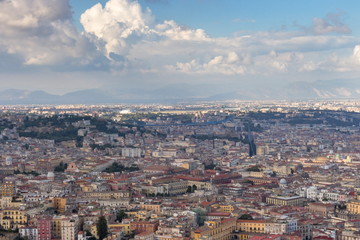 Fototapeta na wymiar Naples and mountains top view. Naples cityscape. Travel concept. Aerial italian landscape. Neapol panorama.