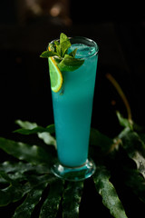 green cocktail with mint, lemon and ice on a dark background