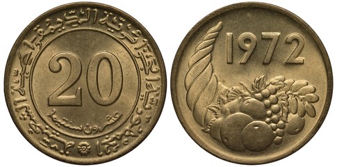Algeria Algerian coin 20 twenty centimes 1972, face value in central circle, inscription in Arabic,...