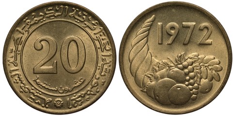 Naklejka premium Algeria Algerian coin 20 twenty centimes 1972, face value in central circle, inscription in Arabic, horn of plenty with fruits, grapes, large date above,