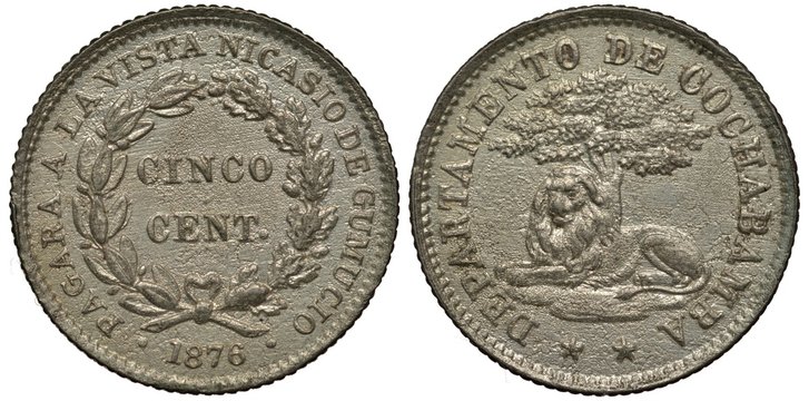 Bolivia Bolivian coin 5 five centavo 1876, Department Cochabamba, face value within wreath, date below, lion under tree, two stars below,