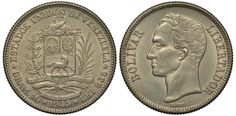 Venezuela Venezuelan coin 2 two bolivars 1945, shield with horse, stripes and two horns of plenty on top flanked by plant branches, ribbon below, Bolivar head left, 