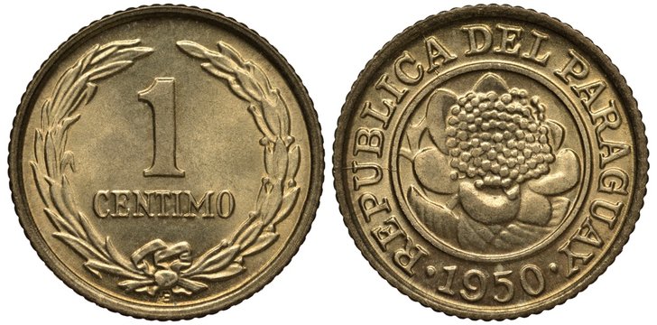 Paraguay Paraguayan coin 1 one centimo 1950, face value flanked by branches, flower in central circle, 