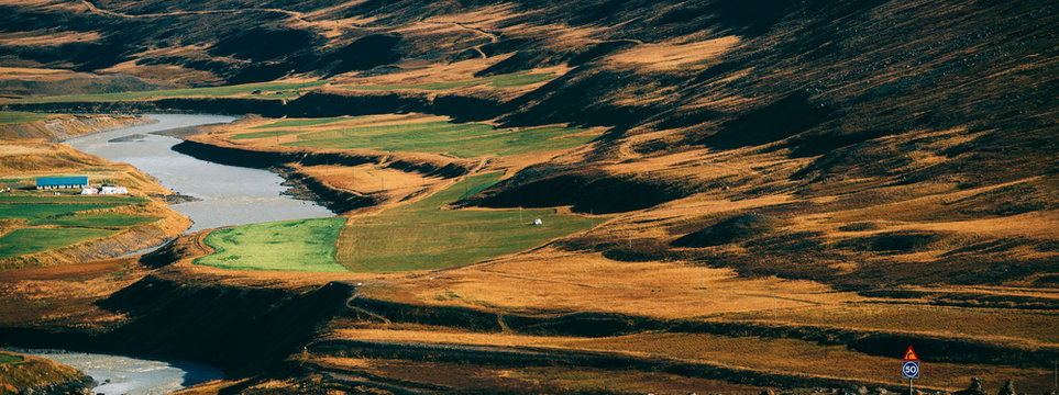 Panorama of Hilly Icelandic Landscape on Sunny Fall Day