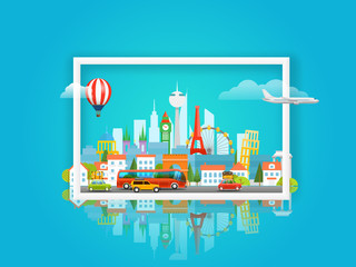 Vector illustration with cityscape. Travel concept