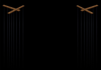 Puppet theater. Two wooden marionette control bars with long strings. Vector illustration on black background.