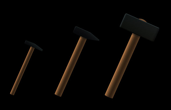 Small, normal and big hammer. Vector illustration on black background.