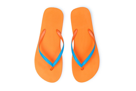 Orange Flip Flops Isolated On White Background. Top View