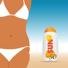 girl in white bikini background and sun cream