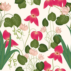 Tropical leaves and flowers seamless pattern, vector