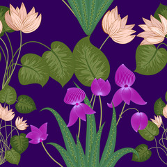 Tropical leaves and flowers seamless pattern, vector