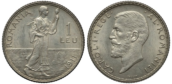 Romania Romanian Silver Coin 1 One Leu 1911, Face Value At Right, Woman In Ethnic Dress Spinning, Sheaves Below, King Carol I Head Left, 
