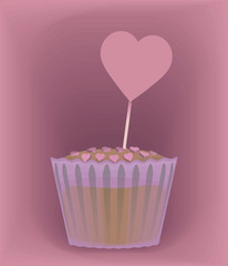 Vector cupcake in a paper form, sprinkled with a sweet pink drage by voluminous hearts with a heart-shaped plate stuck in a dough on a pink volumetric background object isolated on a white background.