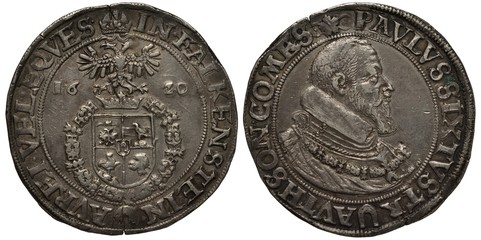 Sacred Roman Empire of the German Nation / Austria silver coin 1 one thaler 1620, crowned shield surrounded by collar of the order, crowned eagle above, bust of ruler Paul Sixt I right,