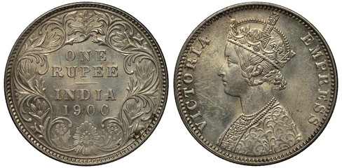 British India coin one rupee 1900, denomination within circular floral ornament, Queen Victoria...