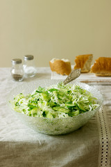 Vegetable salad of fresh cabbage, cucumber and onion with parsley and dill. Rustic style.
