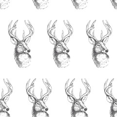 Vector seamless pattern with vintage engraved deer heads. Hand drawn texture with animal portraits isolated on white background