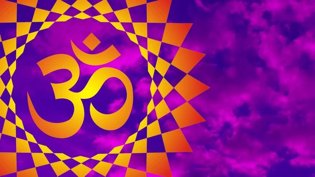 Bright yellow-red mandala with the sign Aum / Om / Ohm rotation against the background of a blue sky with purple clouds. Video