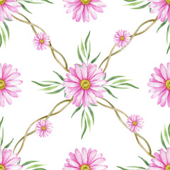 Watercolor hand painted seamless pattern of pink flowers.