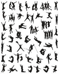 Black silhouette of people jumping on a white background