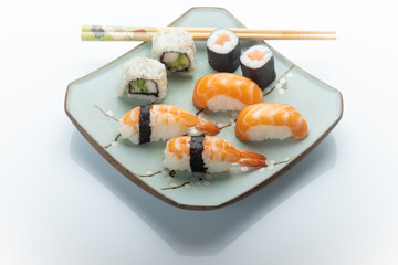 Sushi selection on a japanese plate