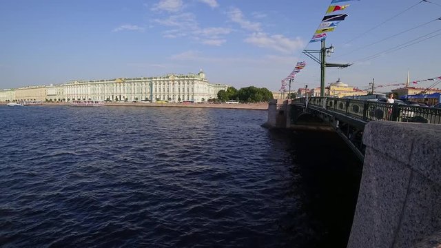 Time lapse view from Palace Bridge on Neva river, Saint-Petersburg, Russia.