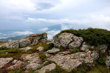     Green mountain with floating cloud and blue sky 
