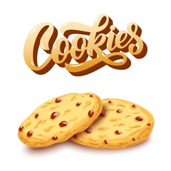 Cookies hand lettering, custom typography, cartoon letters with yummy sketch colorful pair of biscuits. Vector food type illustration
