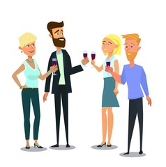 Business employees man, woman drinking wine on corporate party meeting clinking wine glasses.