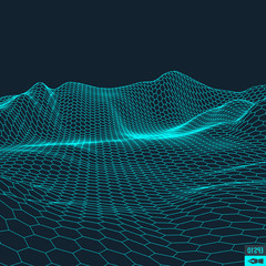 Abstract vector landscape background. Cyberspace  grid. 3d technology  illustration.