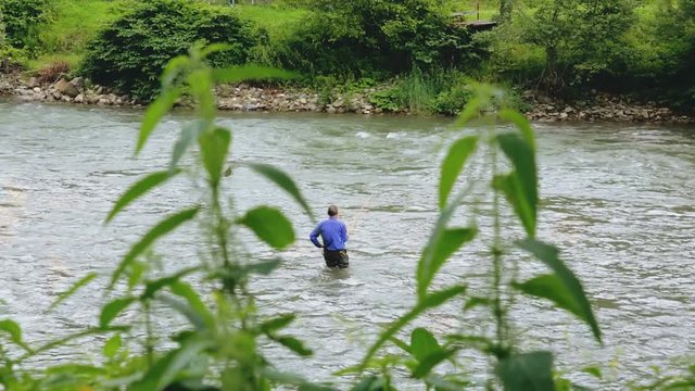 Fisherman catches fish on a mountain river