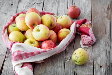 Red fresh apples from garden on wooden background 