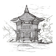 Gyeongbokgung Palace in Seoul,South Korea. Hyangwonjeong Pavilion on the lake.Sketch. Vector illustration for print, souvenirs, postcards, t-shirts, decoration.