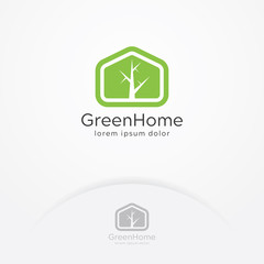 Green home logo, Vector of the house with a dry tree without leaves. Green and ecology logo template