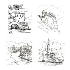 Set of  graphic sketch drawing of european cityscapes.Slovenia.Germany.France.Denmark.