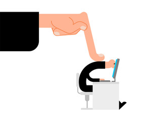 Boss Finger presses on worker. manager computer is working. Hand Press. Vector illustration