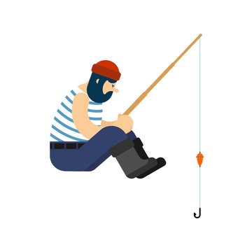 Fisherman and fishing rod isolated. Vector illustration