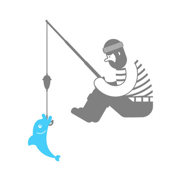 Fisherman and fishing rod isolated. Vector illustration