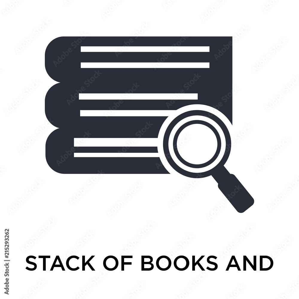 Poster stack of books and magnifier icon isolated on white background. modern and editable stack of books a