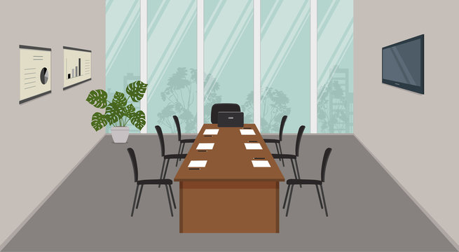 Conference hall. Office room is prepared for the meeting. There is a screen, a desk and black chairs on a window background in the image. On the desk is a laptop, paper for notes and pencils. Vector