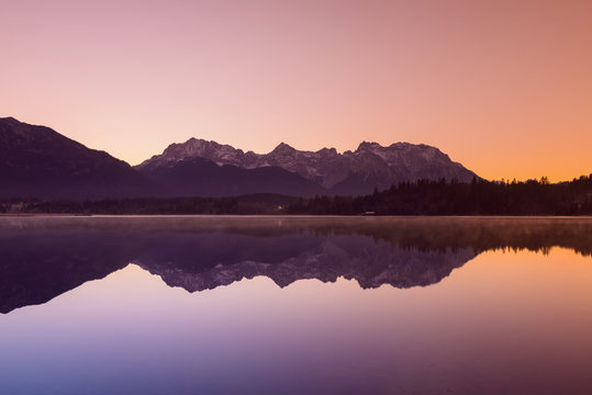 Karwendel Mountains Reflected in Lake Barmsee, Krun, Upper Bavaria, Bavaria, Germany