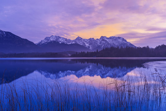 Karwendel Mountains Reflected in Lake Barmsee, Krun, Upper Bavaria, Bavaria, Germany