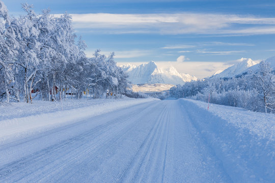 Snowy Road in Winter, Breivikeidet, Troms, Norway