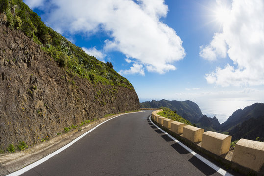 Mountain Pass Road with Sun, Teno Mountains, Masca, Tenerife, Canary Islands, Spain