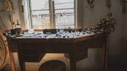 Old clockmakers workbench.