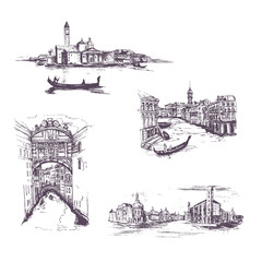 set of four  graphic sketch drawing of Rome Italy cityscape.Set of Cityscape Vector Illustration Line Sketched Up.Venice. Hand drawn sketch of European city
