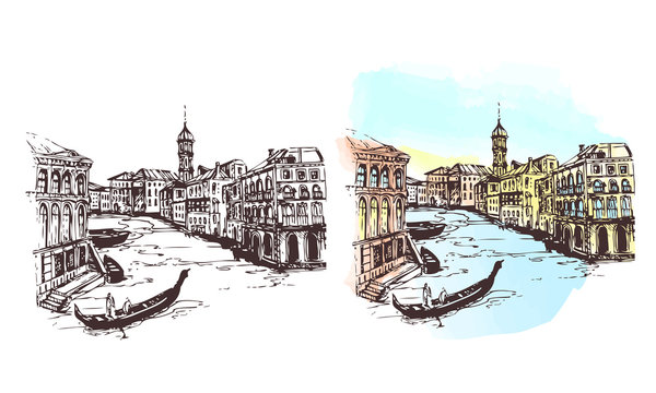 Venice.Italy.Vector illustration of the Grand Canal in Venice.City with houses and water, drawn in sketch style.Cityscape.
