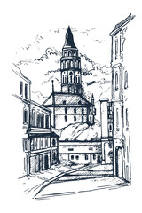 Cityscape Sketch, Vector Sketch. Architecture - Illustration.Hand drawn sketch of Venice  City, Italy.Traditional street of european towns.