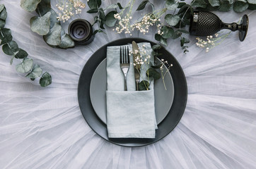 Dinner concept. Rustic decorations with table setting